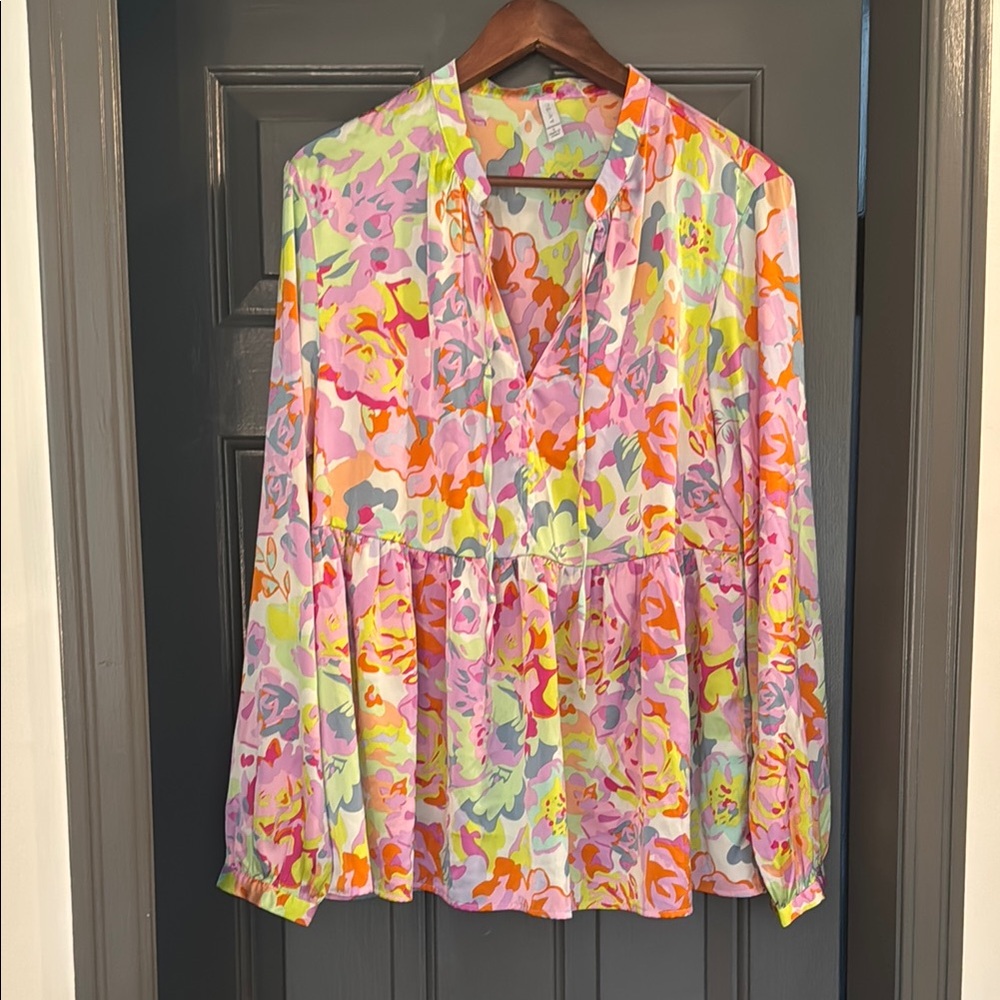 Amisu Pink and Yellow Tiered Blouse with Mandarin Collar